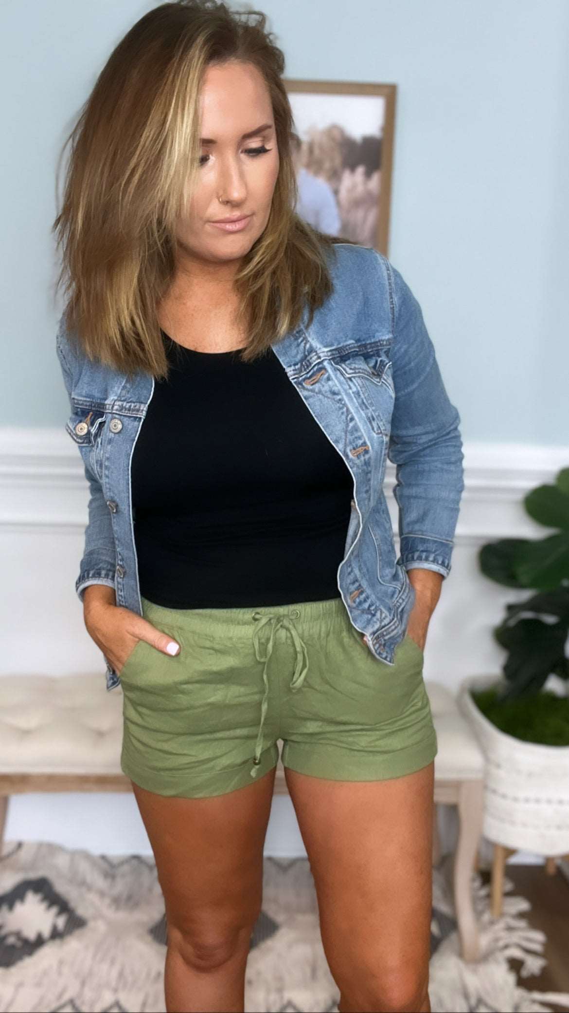 Olive Green Linen Shorts